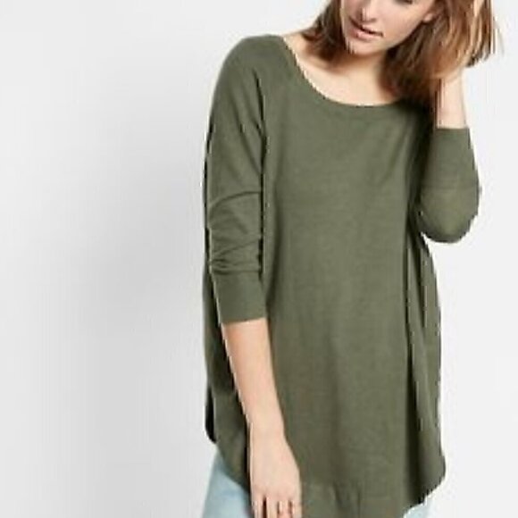 EXPRESS Lace Up Back Circle Hem Sweater Olive Green 3/4 Sleeve Lattice Cotton S - Picture 4 of 16